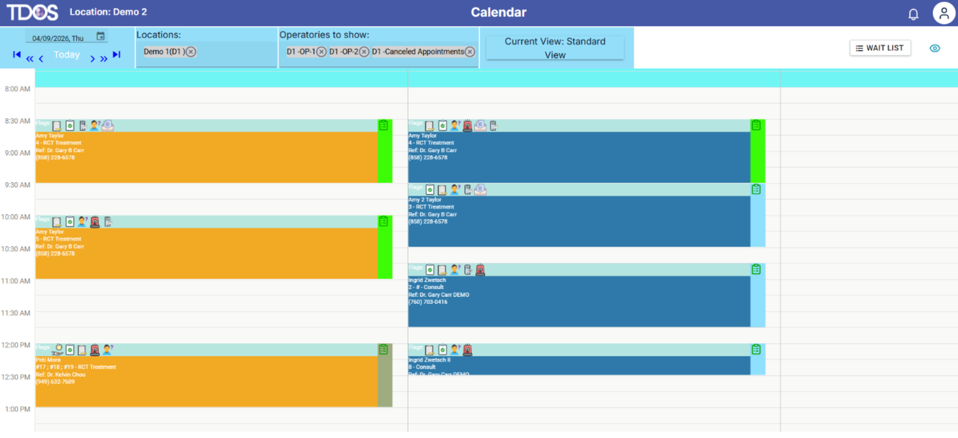 TDOS color-coded operatory calendar showing scheduled endodontic appointments across multiple operatories
