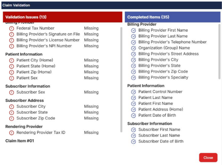 TDOS claim validation screen showing flagged issues and completed verification items before claim submission