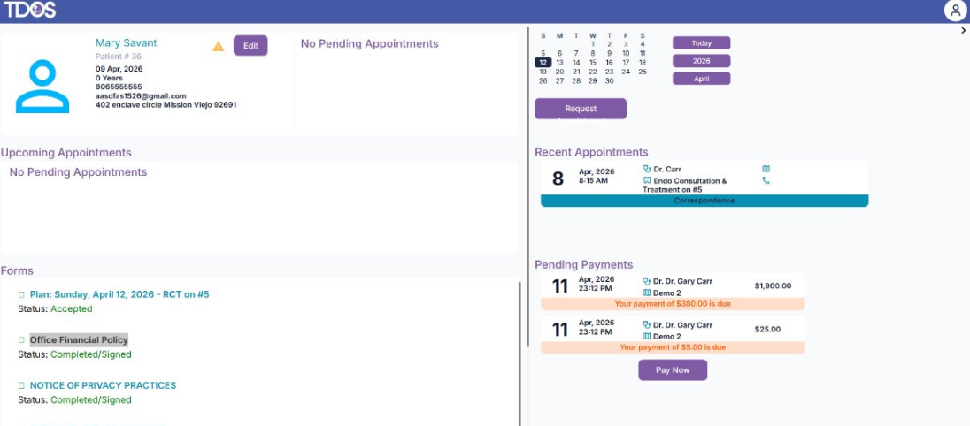 TDOS patient portal showing online registration, digital forms, appointment requests, and secure payment options