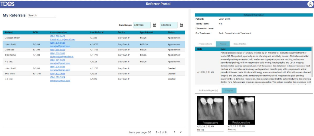TDOS Referrer Portal showing patient case status, clinical notes, radiographic images, and final reports for referring offices